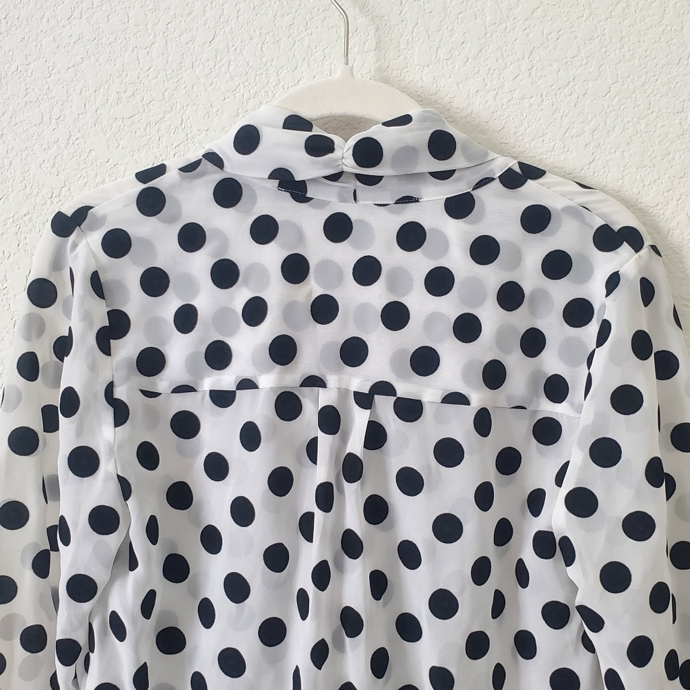 Kensie Semi-sheer Flocked Polka Dot Tie Neck Blouse Top 3/4 Sleeve Relaxed Fit - Picture 10 of 14